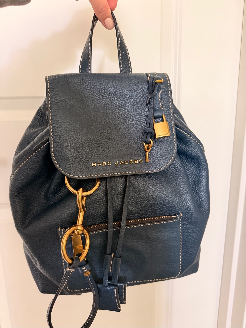 Marc Jacobs Navy Pebbled Leather Backpack with Gold Hardware